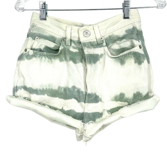 Zara Button Fly High Waisted Jean Shorts White Green Distressed Size 2 - Picture 1 of 6